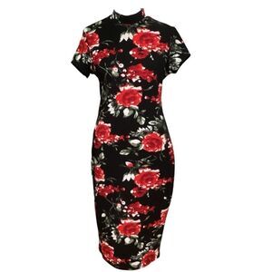 SHEIN Elegant‎ Floral Bodycon Dress Red Roses Black Background Short Sleeve Sz M